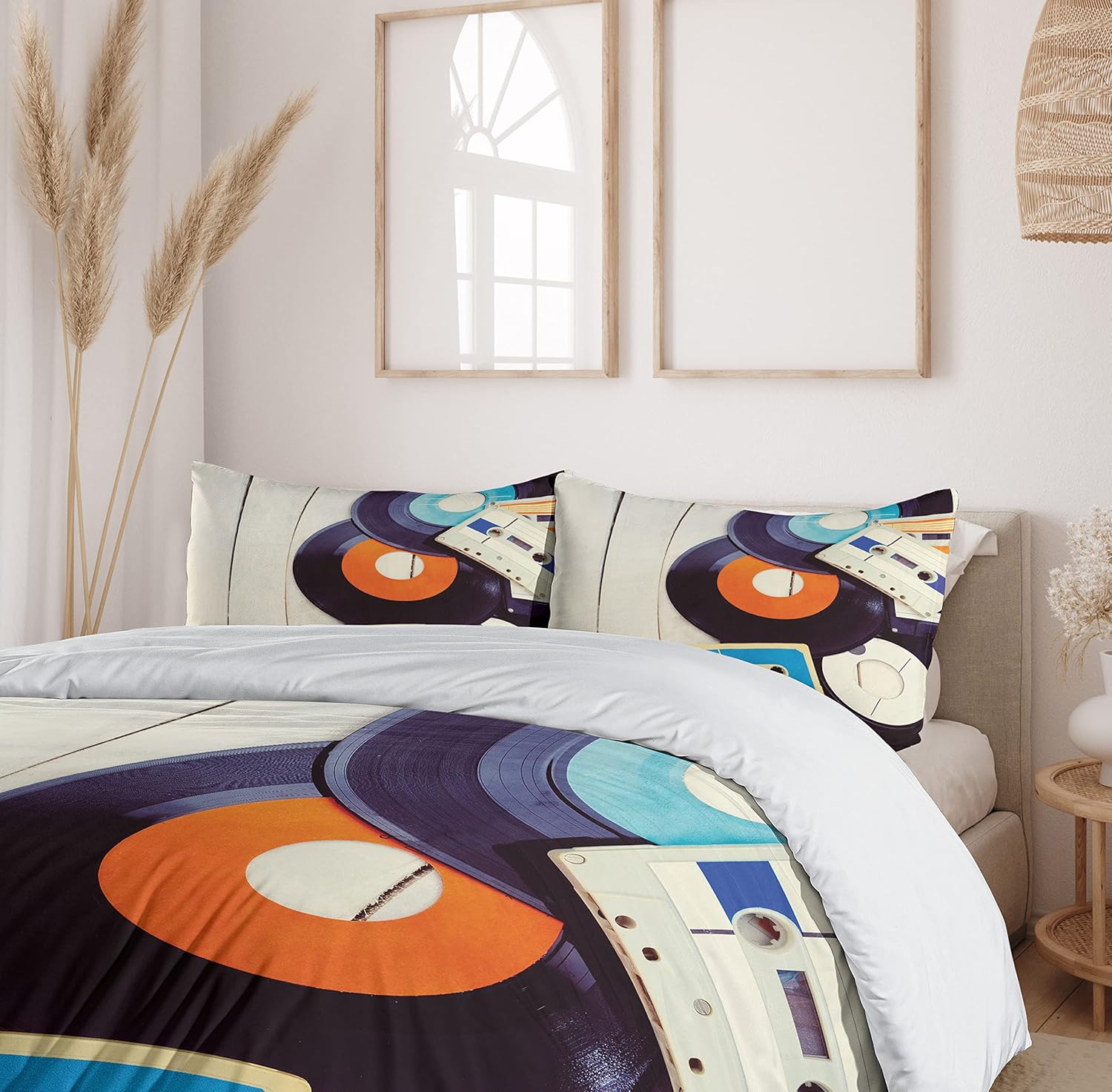Ambesonne Indie Duvet Cover Set, Gramophone Records and Old Audio Cassettes on Wooden Table Nostalgia Music, Decorative 3 Piece Bedding Set with 2 Pillow Shams, King Size, Blue Orange Black King Blue Orange Black