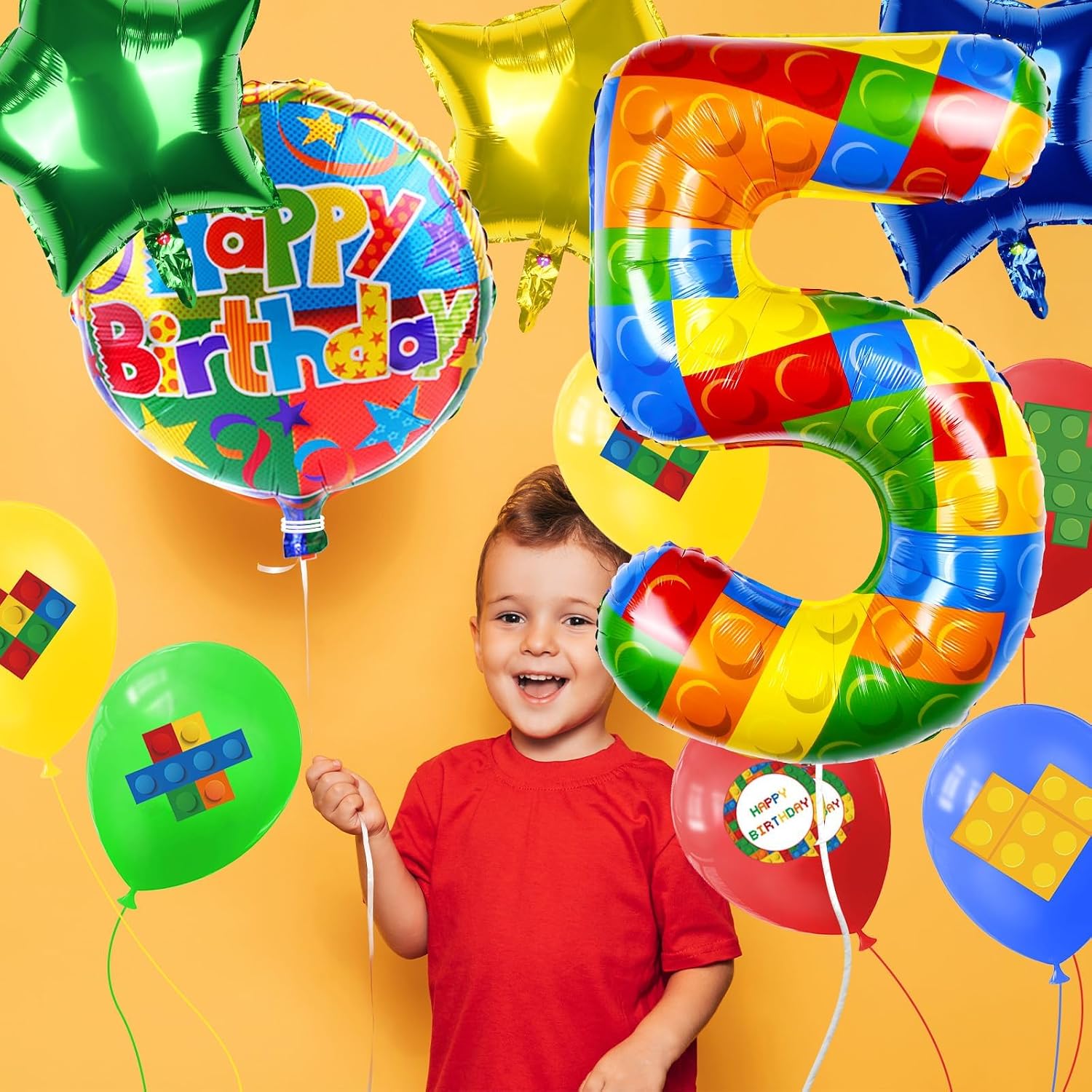 40 Inch Building Block Number Balloon, Colorful Number Block Foil Number 5 Balloons Large Big Numbers Helium Balloon for Girls Boys 5th Birthday Brick Theme Party Decorations (Number 5) image 4