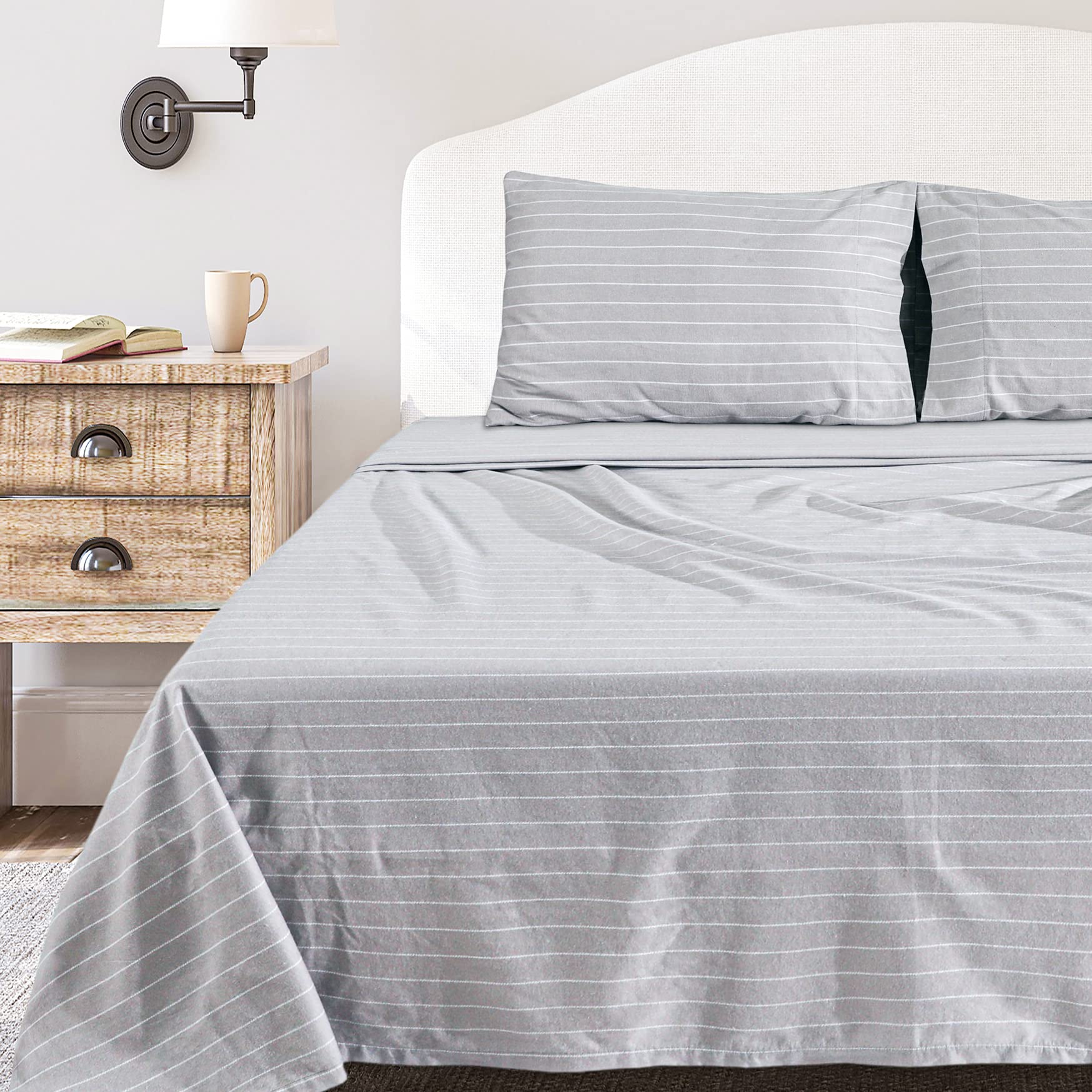 Sleepdown 100% Cotton Flannel Sheets Twin XL - Super Soft Heavyweight Brushed Anti Pill Flannel Twin XL Bed Sheets, 16" Deep Pocket Twin XL Fitted Sheets X2 Side Pockets (Twin XL, Grey Pin Stripe)