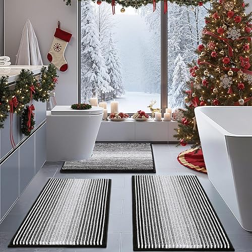 Miniatura 25 de BSICPRO Juego de alfombras de baño de 3 piezas, alfombrillas de inodoro de contorno en forma de U, juego de tapete de baño, larga alfombrilla de