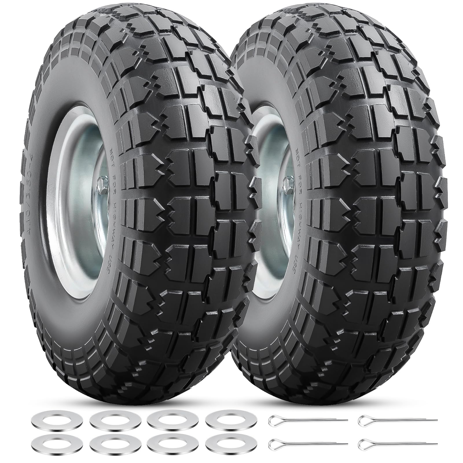 2-PCS 4.10/3.50-4 Reifen Pannensichere 4.10-4 3.50-4 Vollreifen mit 5/8 Zoll Achsbohrung und doppelt abgedichteten Lagern, kompatibel 4.10 3.50-4 Sackkarren, Schubkarren, Rasenmäher reifen| Silber