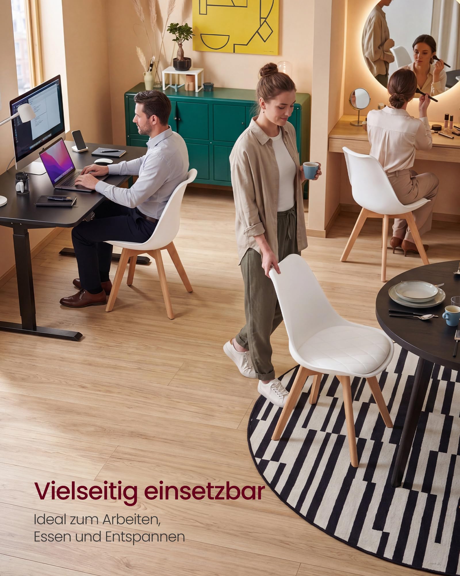 VASAGLE Esszimmerstühle aus PU-Leder und Buchenholz, Gepolsterte Küchenstühle, 2er Set, 46,5 x 57 x 79 cm, Hellwarmweiß, für Esszimmer und Büro, Lenna Kollektion KDC988WD01