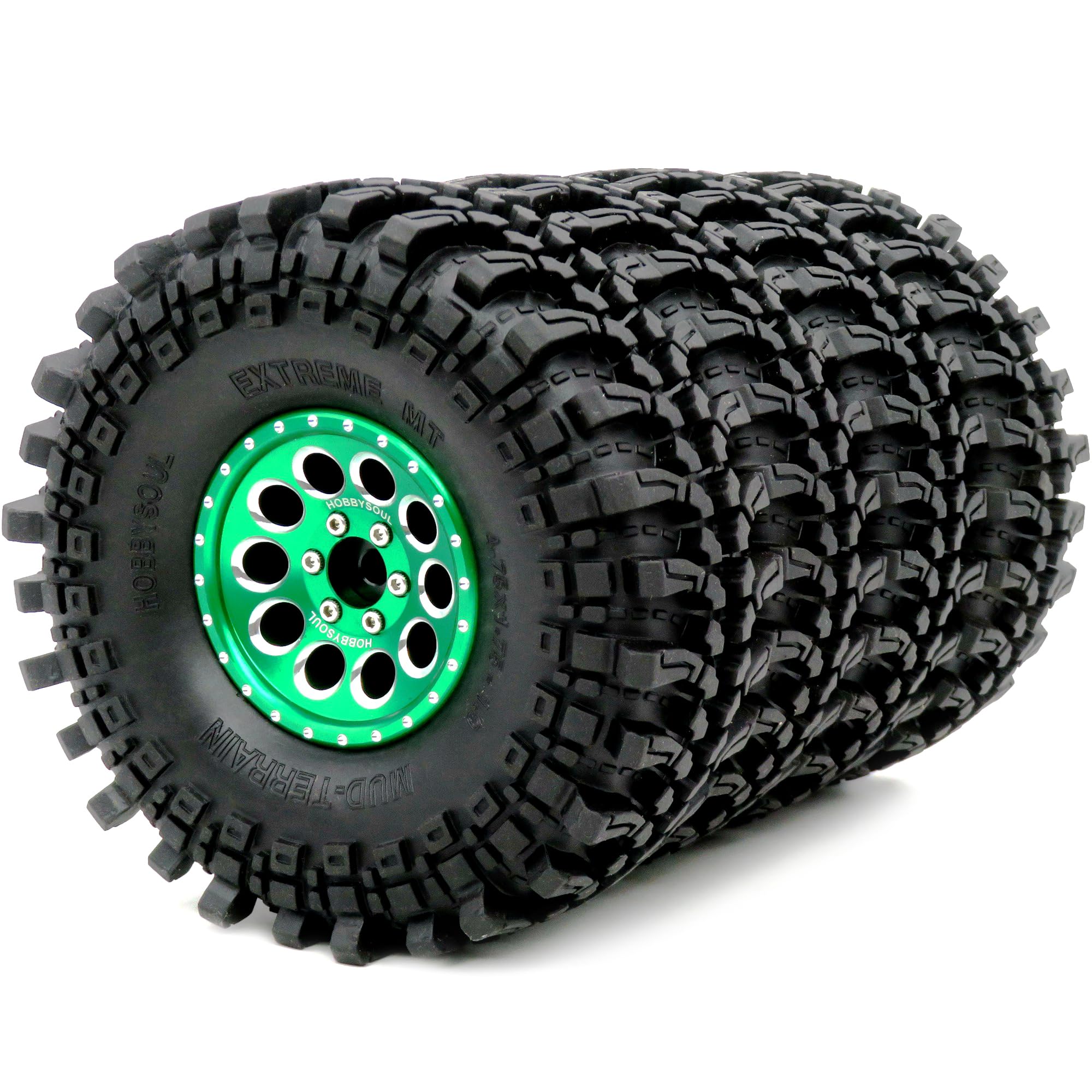 HOBBYSOUL RC 1.9 Tires 4.75" (121mm) Mounted on 1.9 Beadlock Wheels Rims Green Fit for 1/10 Crawler Redcat Gen8 Traxxas TRX-4 Tamiay CC01 Axial SCX10 Mud Crawler Badland Terrain, (4-Pack, Assembled)