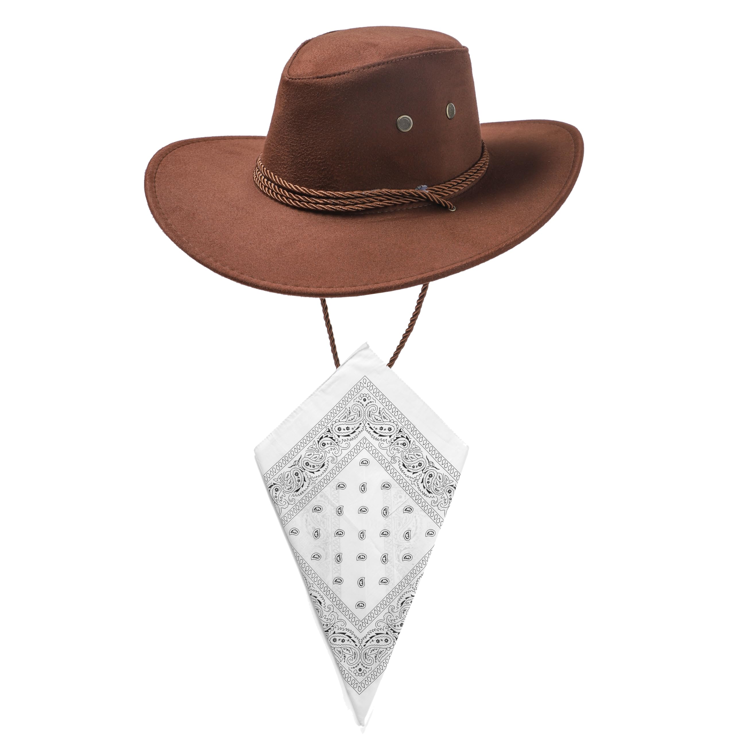 Dark Brown Cowboy Hat and White Bandana Western Sun Cap Faux Felt Leather Suede Fancy Dress Party Costume Outfit Neckscarf Sun Protection Mens Womens โ image 1