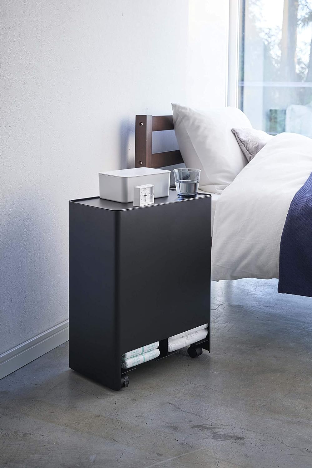 Yamazaki Home Rolling Storage Cart Diaper Caddy Organizer Stacker Holder/Moveable Nursery Diaper Dispenser, Steel, Lid, Wheels, No Assembly Req.