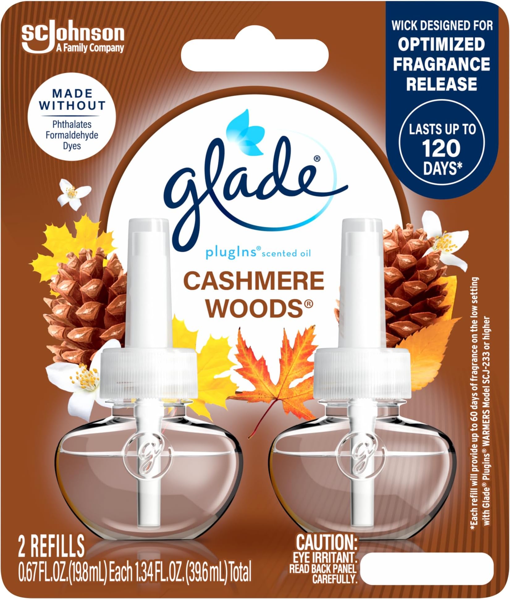 PlugIns Refills Air Freshener, Scented and Essential Oils for Home and Bathroom, Cashmere Woods, 1.34 Fl Oz, 2 Count