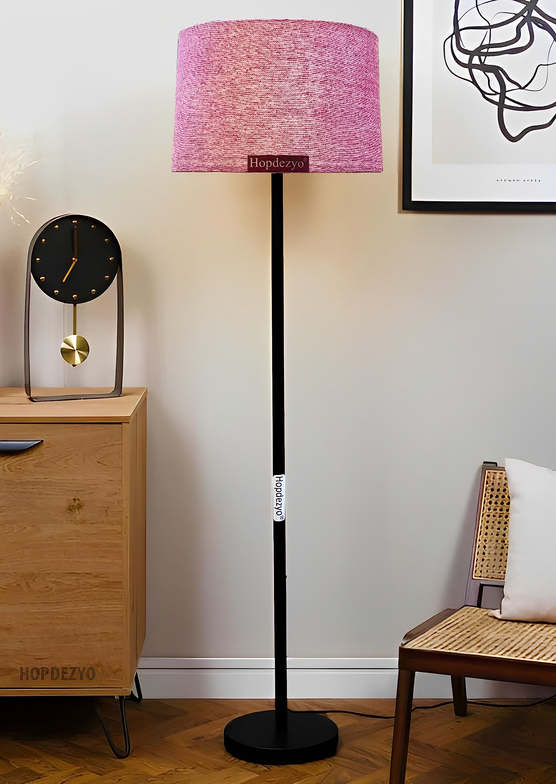 Hopdezyo Tall Metal Corner Floor Lamp With Pink Jute Drum Shade for Home Decor, Living Room, Bedroom & Office