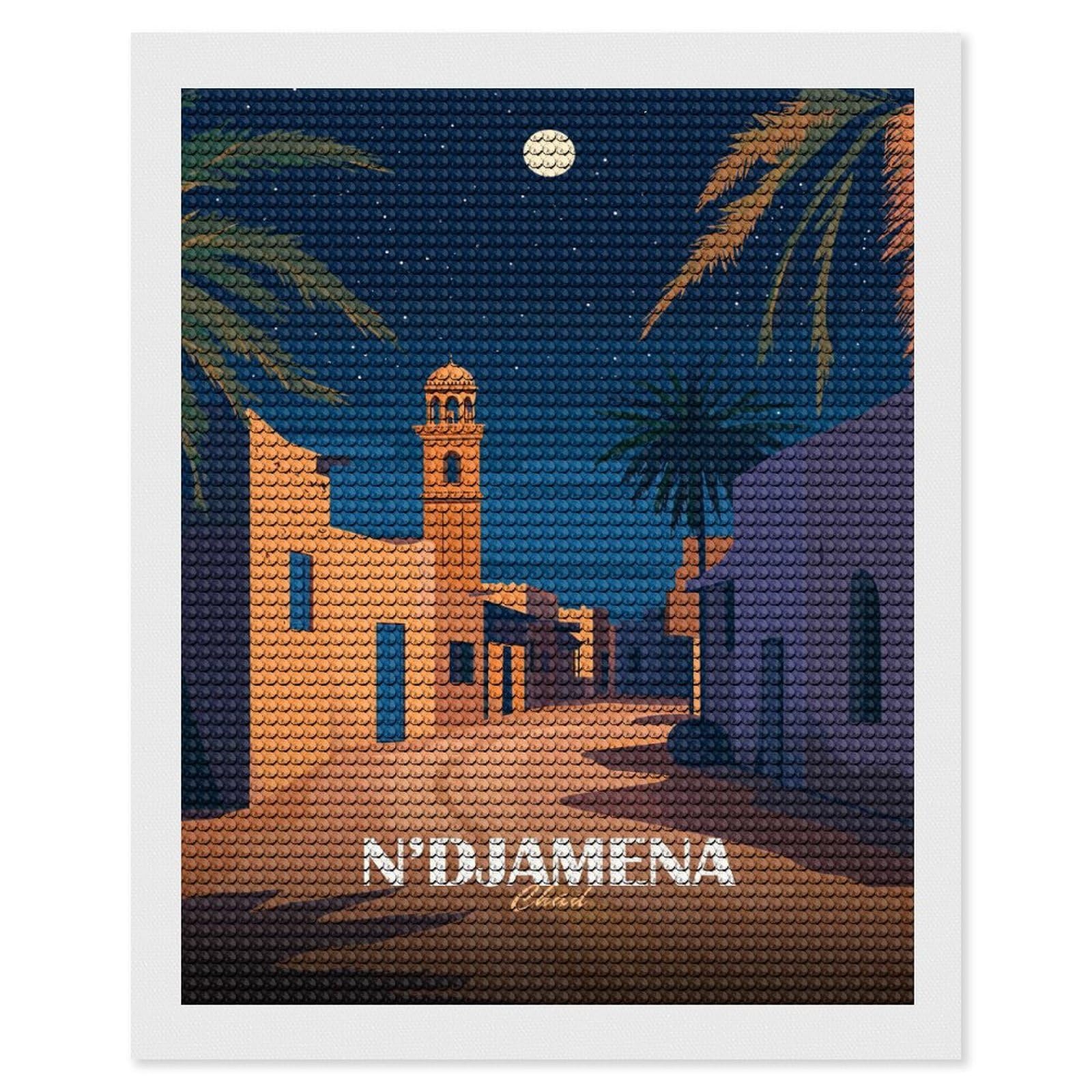 Junmoney NDjamena Chad Nightscape Illustration Diamond Painting Kit 16"x20", Thoughtful Handmade Gift, for Creative Relaxation, Printed Canvas, Cosy Home Accent