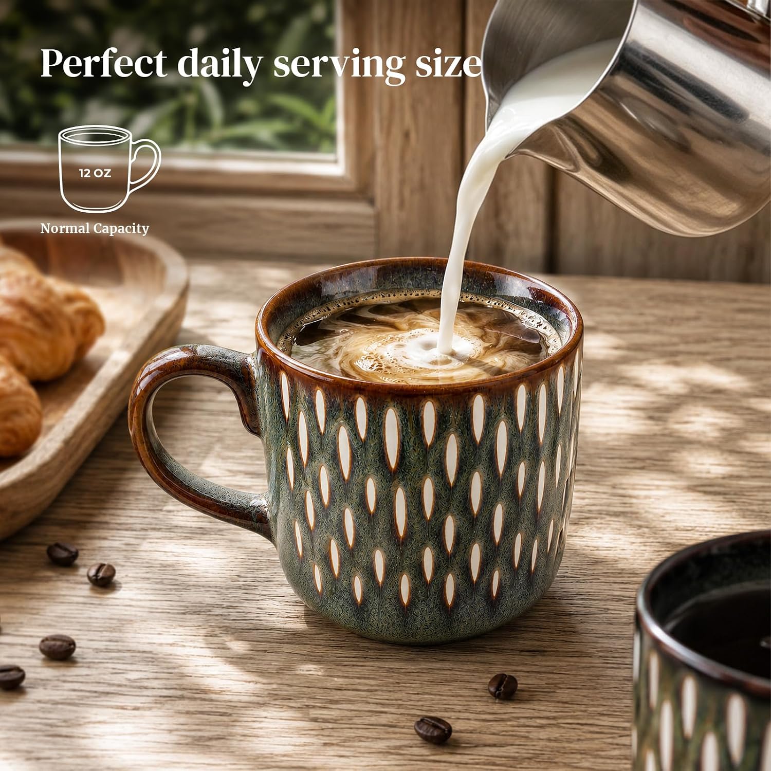 DOWAN Coffee Mug Set of 4, 12 oz Ceramic Coffee Cups Set Textured Glaze Pottery Tea Cup with Patterns for Latte, Cappuccino, Tea & Hot Cocoa, Daily Use Gift Set Dishwasher & Microwave Safe, 4 Colors