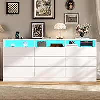 Vista 8 de Cómoda de 9 cajones con toma de corriente, cómoda moderna blanca con luces LED, cómodas de madera con soporte para TV, organizador de cómodas dobles