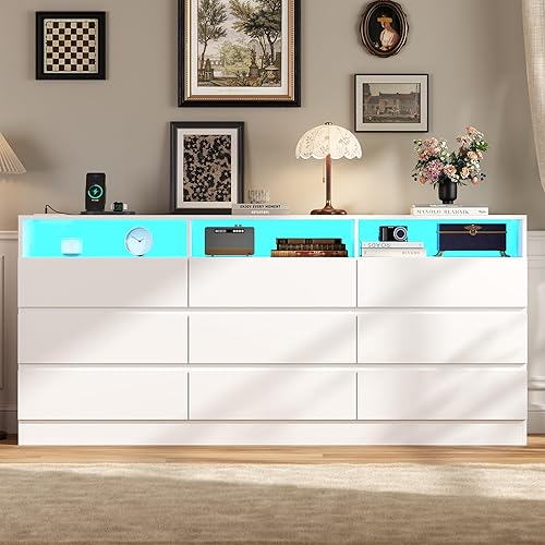 Miniatura 8 de Cómoda de 9 cajones con toma de corriente, cómoda moderna blanca con luces LED, cómodas de madera con soporte para TV, organizador de cómodas dobles