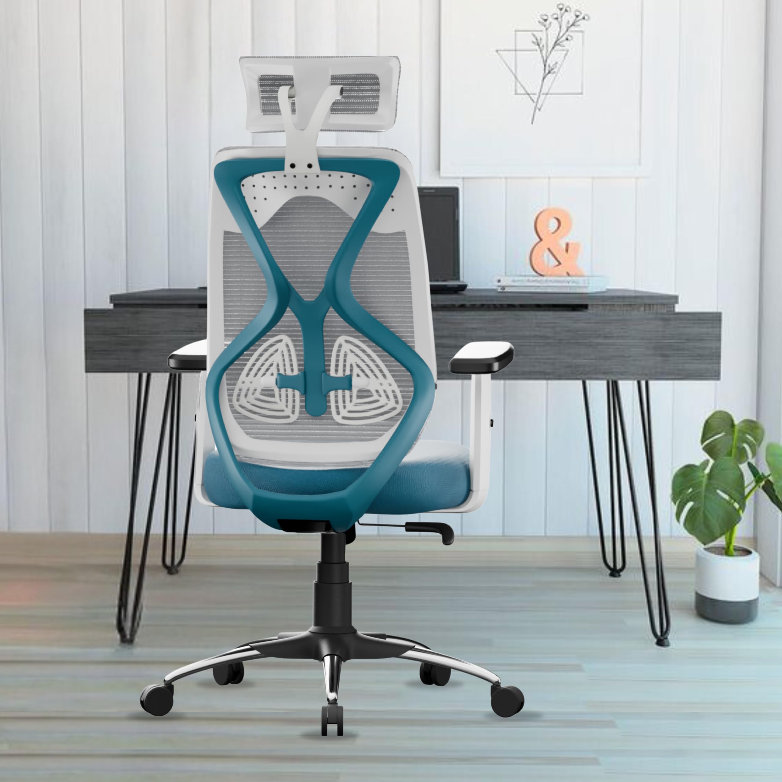 Dusk Ergonomic High Back Office Chair 2D Adjustable Arm, Headrest, Lumbar Support, Metal Base Revolving Mesh Chair - Home & Office | 3 Years Warranty (Blue)