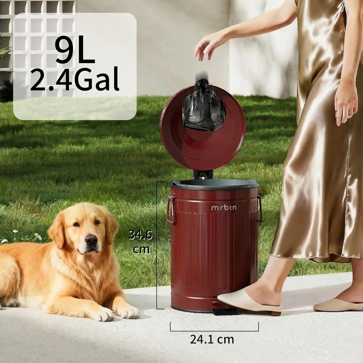 MRBIN Dog Poop Trash Can with Lid, 9L/2.4 Gal Round Pet Outdoor Waste Basket with Pedal, Step Touchless Garbage Pail for Outside Patio, Yard, Garage, Red Roman Stripe Design