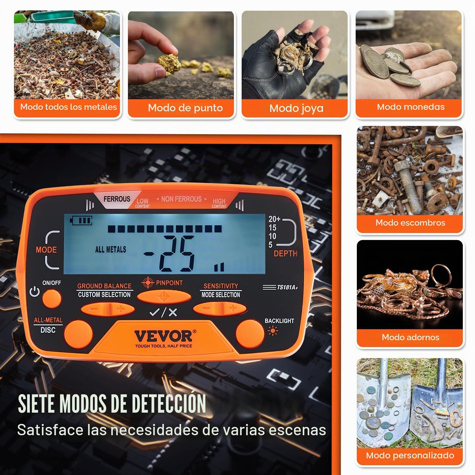 VEVOR Detector de Metales para Adultos y Niños 25,4cm Detector de Metales Profesional Ajustable Resistente al Agua Bobina IP68 Pantalla LCD 7 Modos Chip DSP Avanzado Ligero para Búsqueda de Moneda Oro