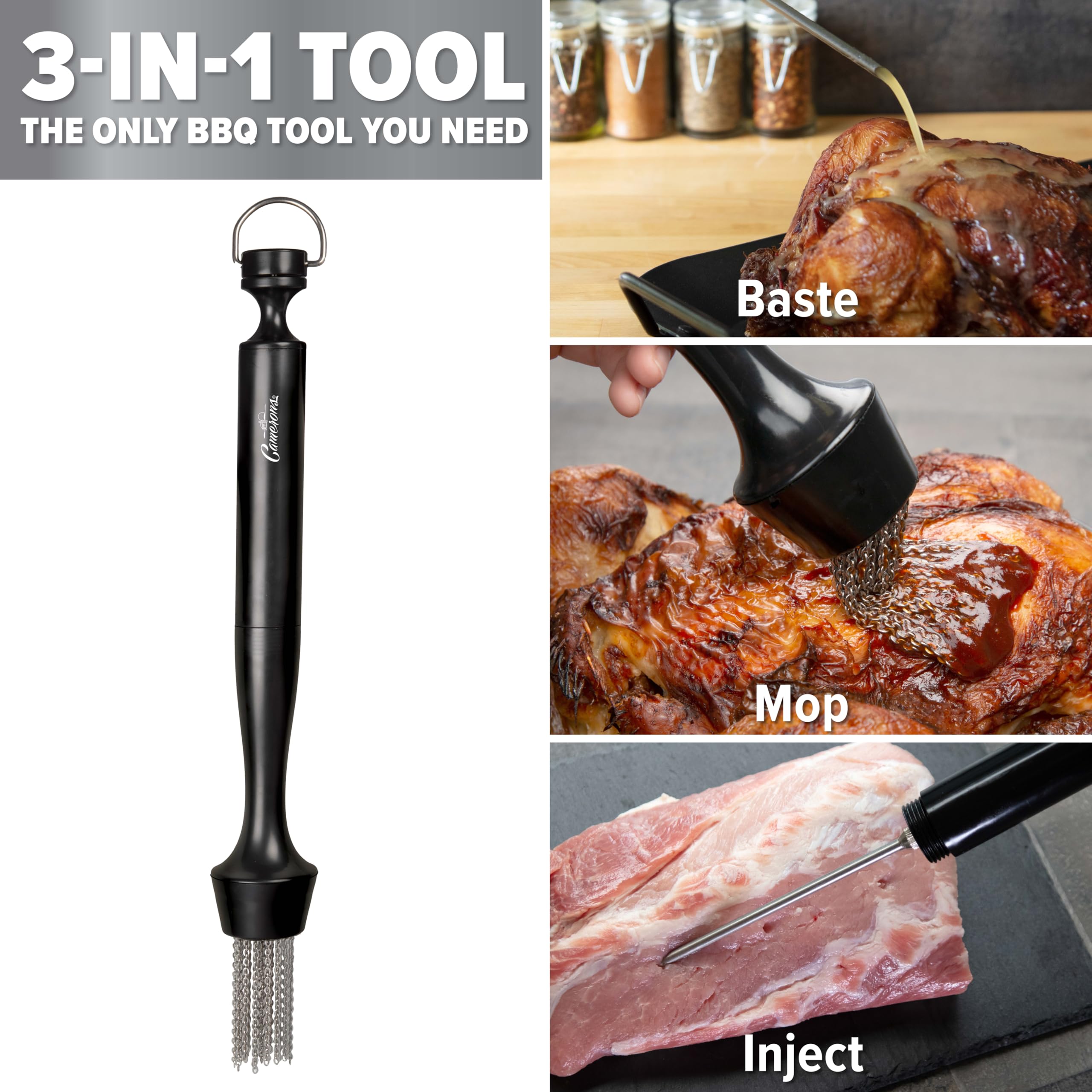 Camerons Wtryskiwacz 3 w 1 do smażenia mopem, 33 cm, szczotka do marynowania mięsa, baster do grilla, mop łańcuchowy ze stali nierdzewnej do grilla lub kuchni, nadaje się do mycia w zmywarce, akcesoria prezentowe lub kuchenne