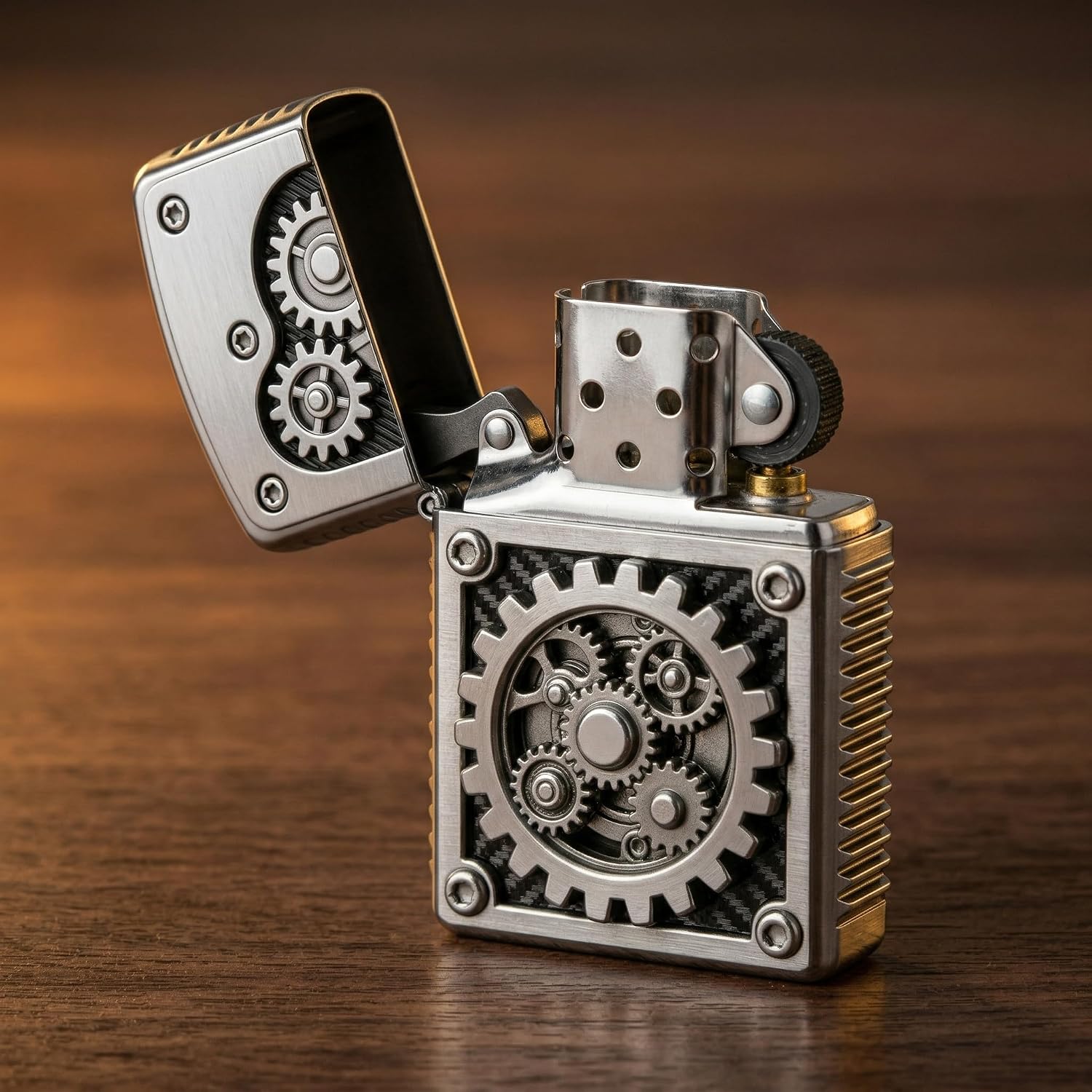 Vintage Gear Carved Flip Top Kerosene Lighter Mechanical Wheel Grinding Reusable Open Flame Candle Lighter for Daily Use (C)