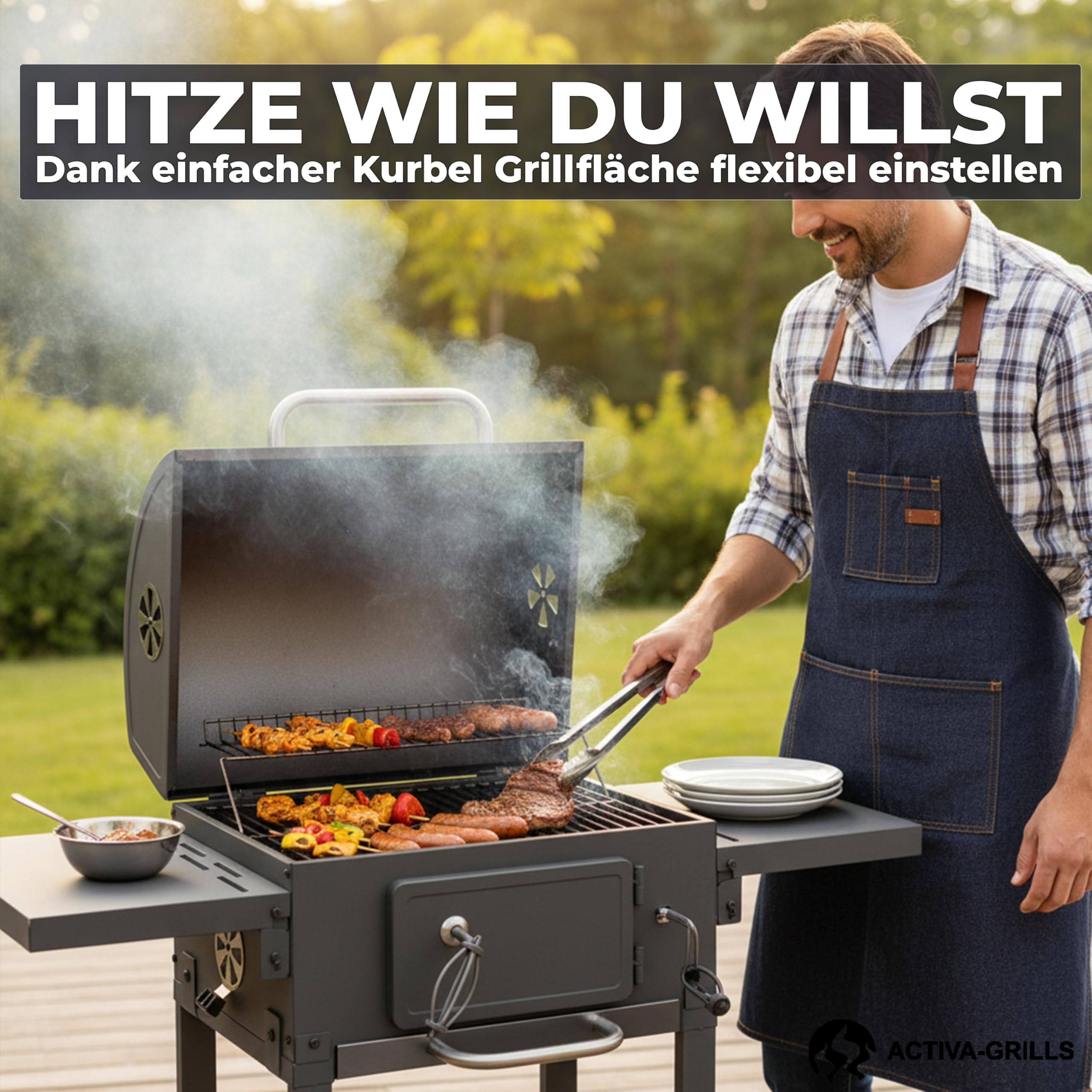ACTIVA Holzkohlegrill Angular Smart I Holzkohlegrill mit Deckel, verstellbarer Kohlewanne & Thermometer I Grillwagen für ein gelungenes Barbecue