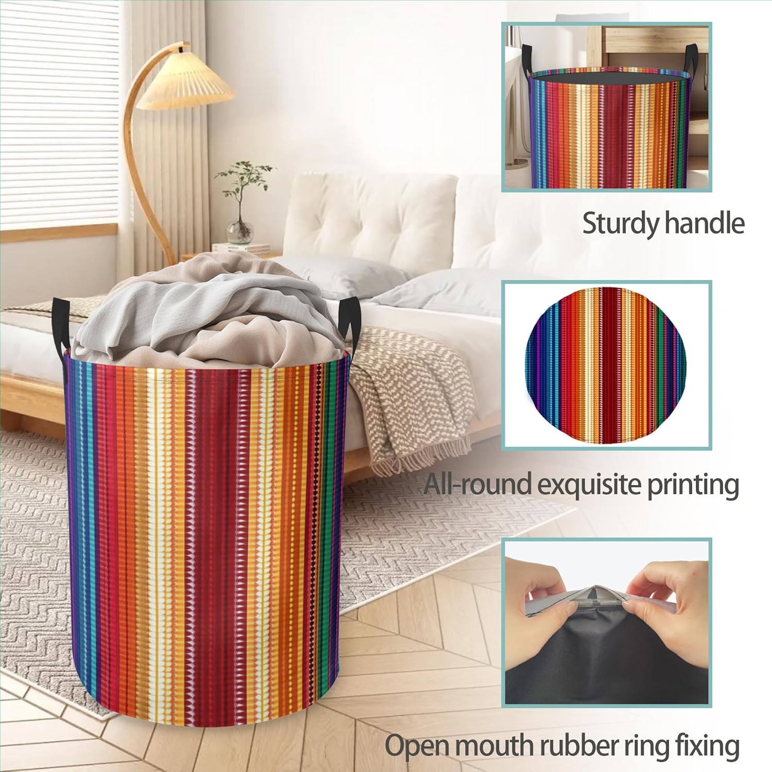 Mexican Ethnic Stripes Rainbow Round Laundry Hamper Storage Basket Toys Clothes Organizer Bin For Home Bathroom Bedroom Dorm Nursery