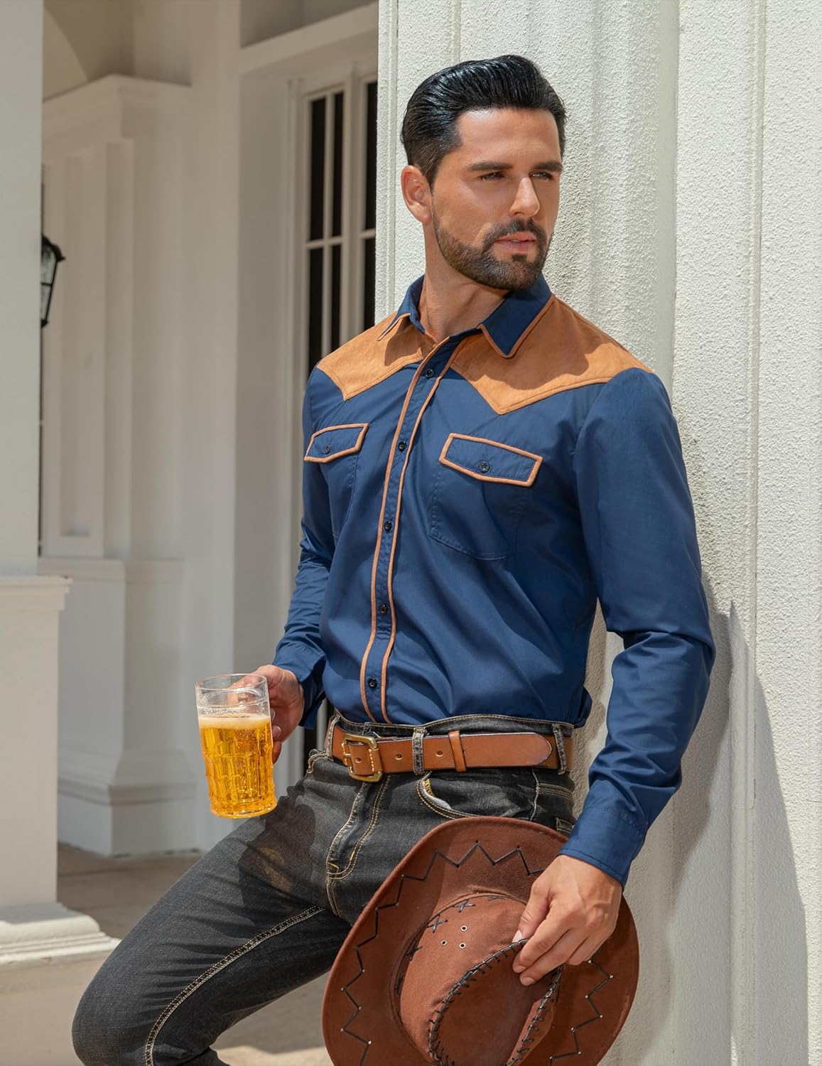 MioRoim Men's Cowboy Shirt Long Sleeve Button Down Western Shirts Vintage Denim Shirts - Image 3