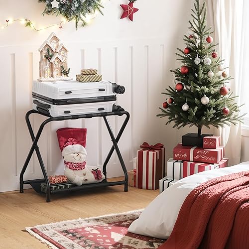 Miniatura 7 de HOOBRO Portaequipajes, soporte plegable para maleta con estante de almacenamiento de tela para habitación de invitados, dormitorio, hotel, soporta