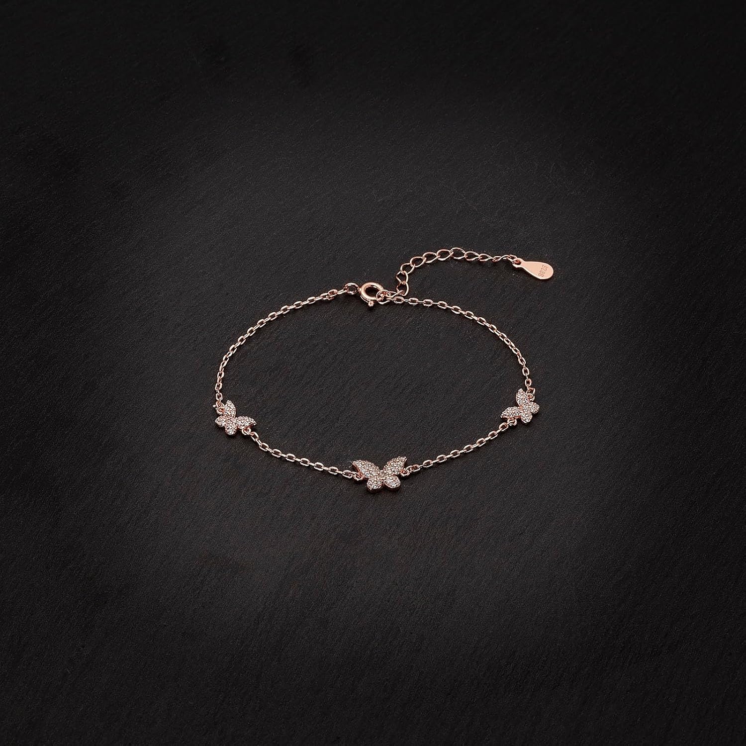 925 Sterling Silver Butterfly Bracelet, Rhodium or 14k rose gold Plated, 6 Inch plus Extension, Gift Pouch - Image 9
