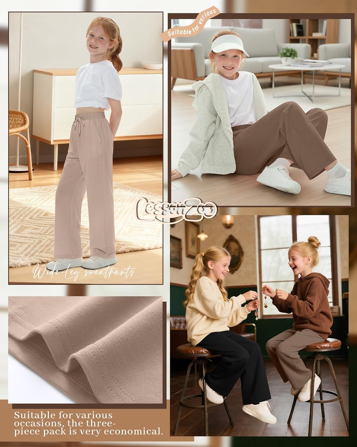 3 Pack Girls Sweatpants Straight Leg Ribbed Waist Active Joggers Teens Athletic Pants with Drawstring and Pockets - Image 2