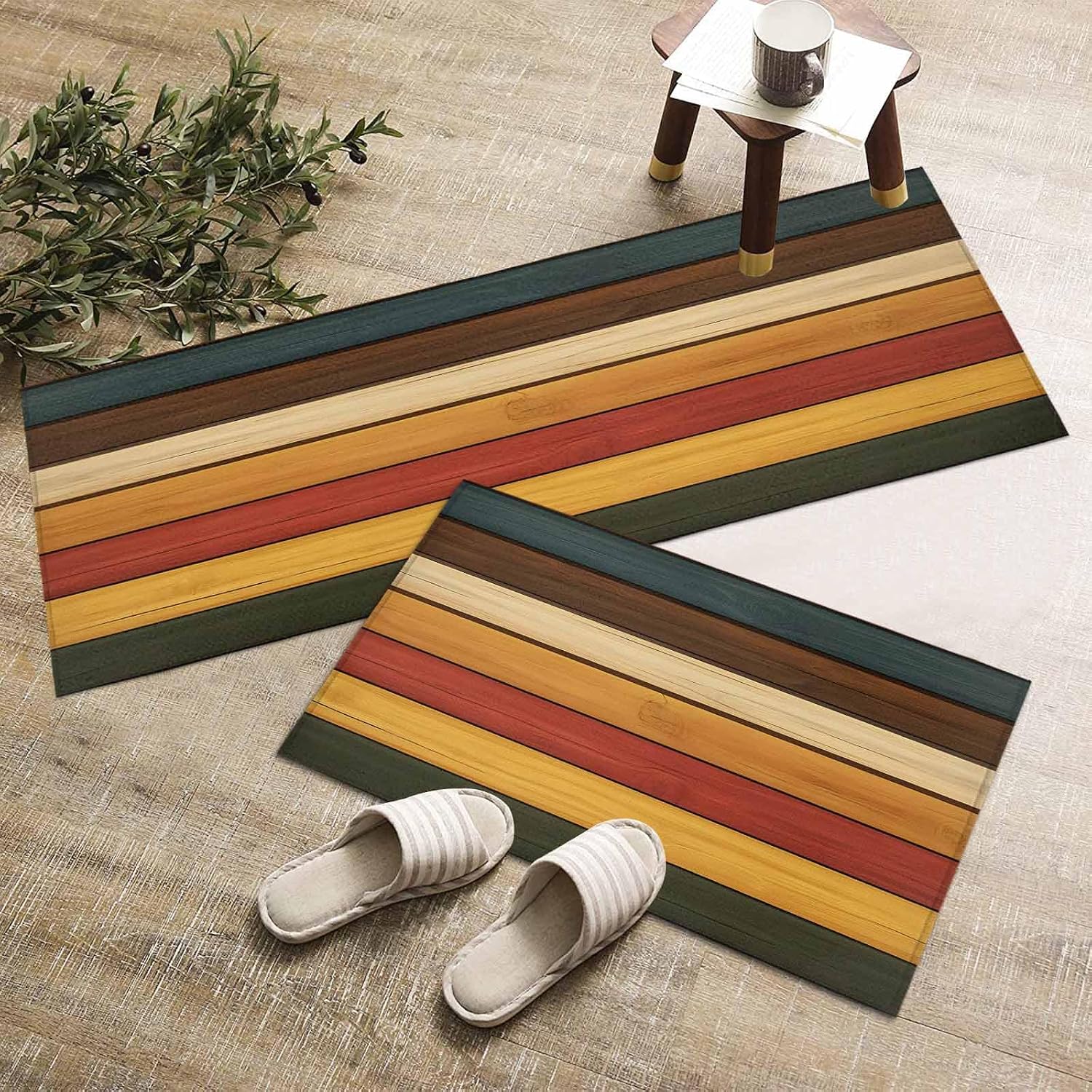 Kitchen Mats for Floor Vintage Red Yellow Wood Grain Washable Non Slip Kitchen Rugs 2PCS, Farm Brown Blue Wooden Absorbent Standing Mats for Sink Bathroom Office Living Room 15.7x23.6in+15.7x47.2in