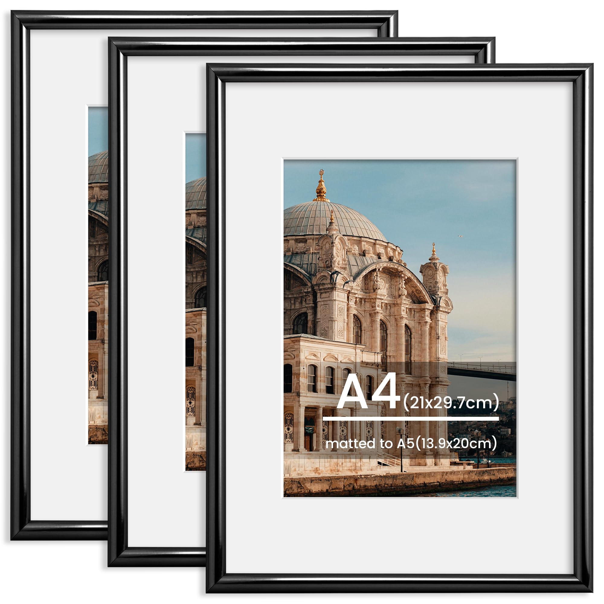 FLYJOE A4 Picture Frame, Display Pictures 6x8 with Mat or 8.3 x 11.7 Without Mat, Wall and Tabletop Display Photo Frame, Black, 3 Pack