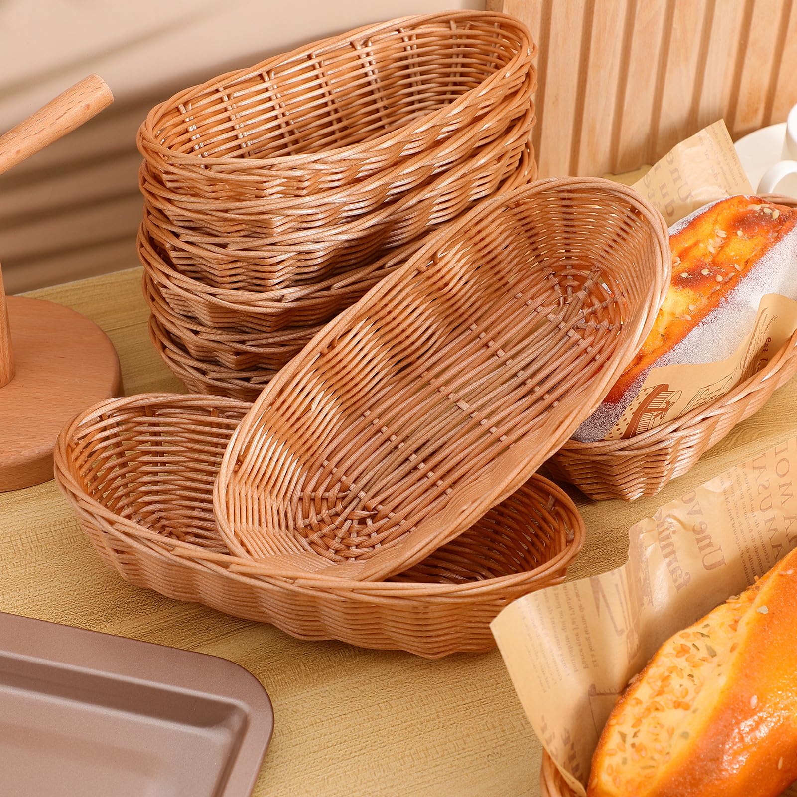 Brotkörbe und Großer Brotkorb mit Rattanoptik aus Kunststoff 10 Stück zum Servieren von Brot und Süßigkeiten für Zuhause und Restaurant Wiederverwendbar