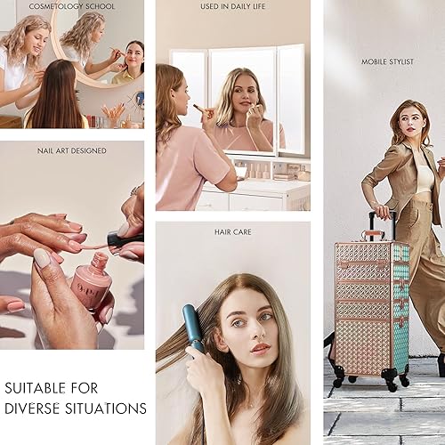 Vista 21 de Stagiant Estuche de tren de maquillaje rodante, estuche de cosmetología con ruedas, 4 en 1, estuche de cosméticos grande con ruedas, estuche