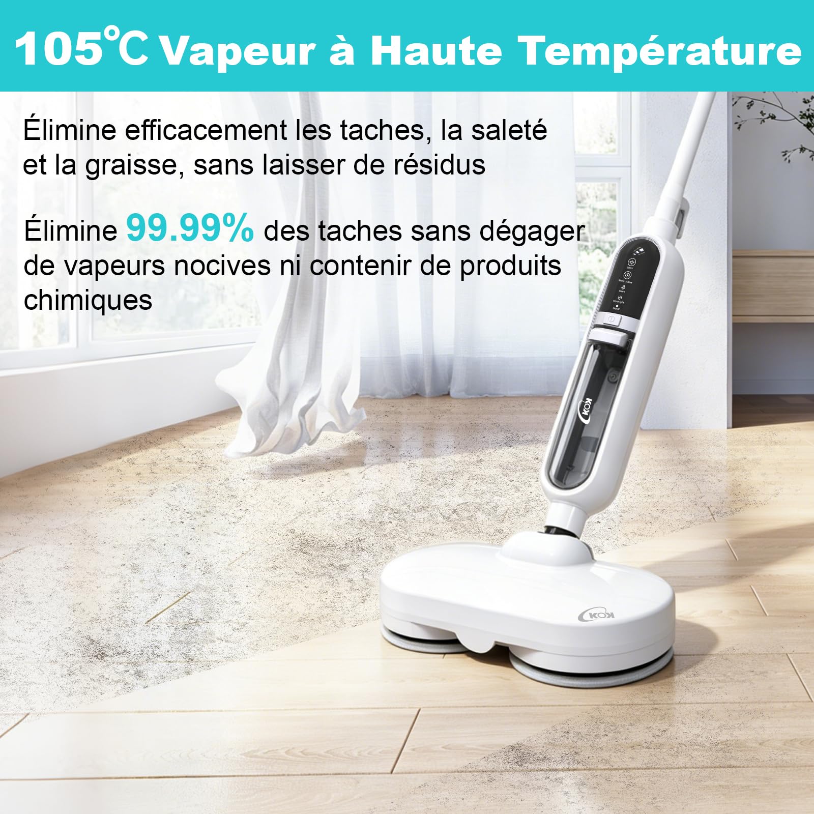 KOK 10-en-1 Nettoyeur vapeur, Balai Vapeur avec Fonction Rotative, Vapeur à haute température, 500 ml Capacité, 15 Accessoires, 10s Temps chauffage, pour les chambres, les cuisines et les salons