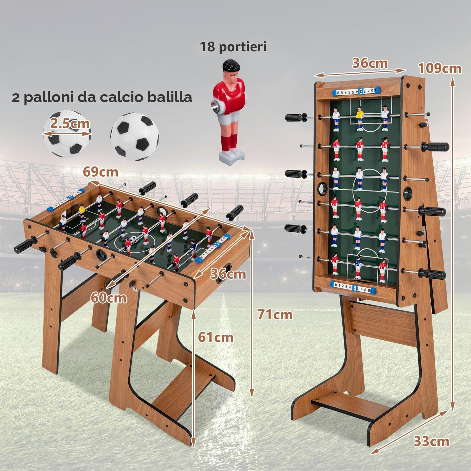 GYMAX Calcio Balilla Pieghevole in Legno, Calcetto da Tavolo con Supporto e 6 Aste, 2 Palloni e 18 Portieri e Segnapunti, per Bambini e Adulti, 69 x 60 x 71 cm