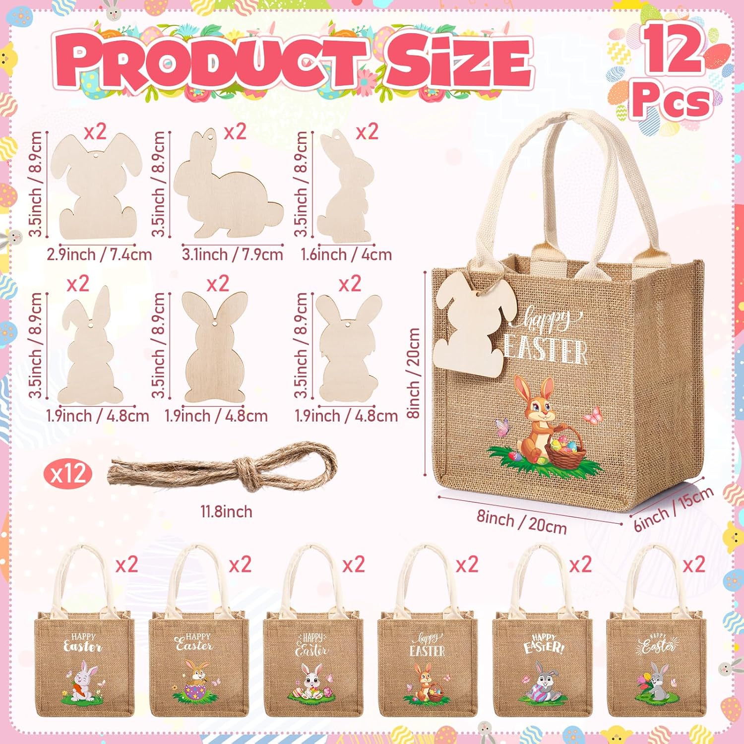 Sweetude 12 Pack Easter Bunny Burlap Bags with Tags Easter Reusable Treat Bags with Handles Jute Linen Tote Candy Gift Wrapping for Spring Party Favors Supplies (Cute)