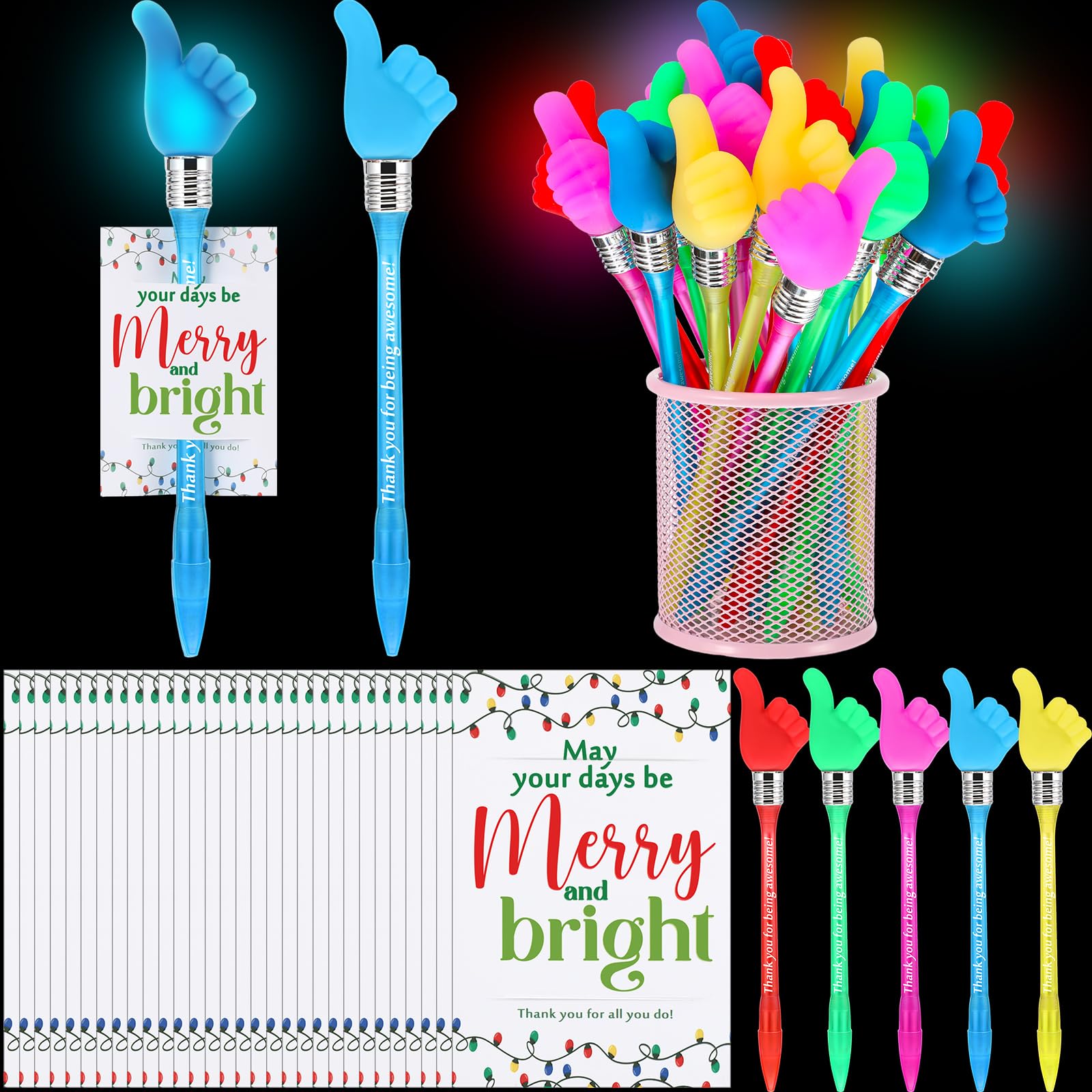 Light Pens LED Thumbs up Ballpoint Pens with Cards Thank You Appreciation Gifts for Employee Coworker Teacher Xmas Party Favors(30 Pack)
