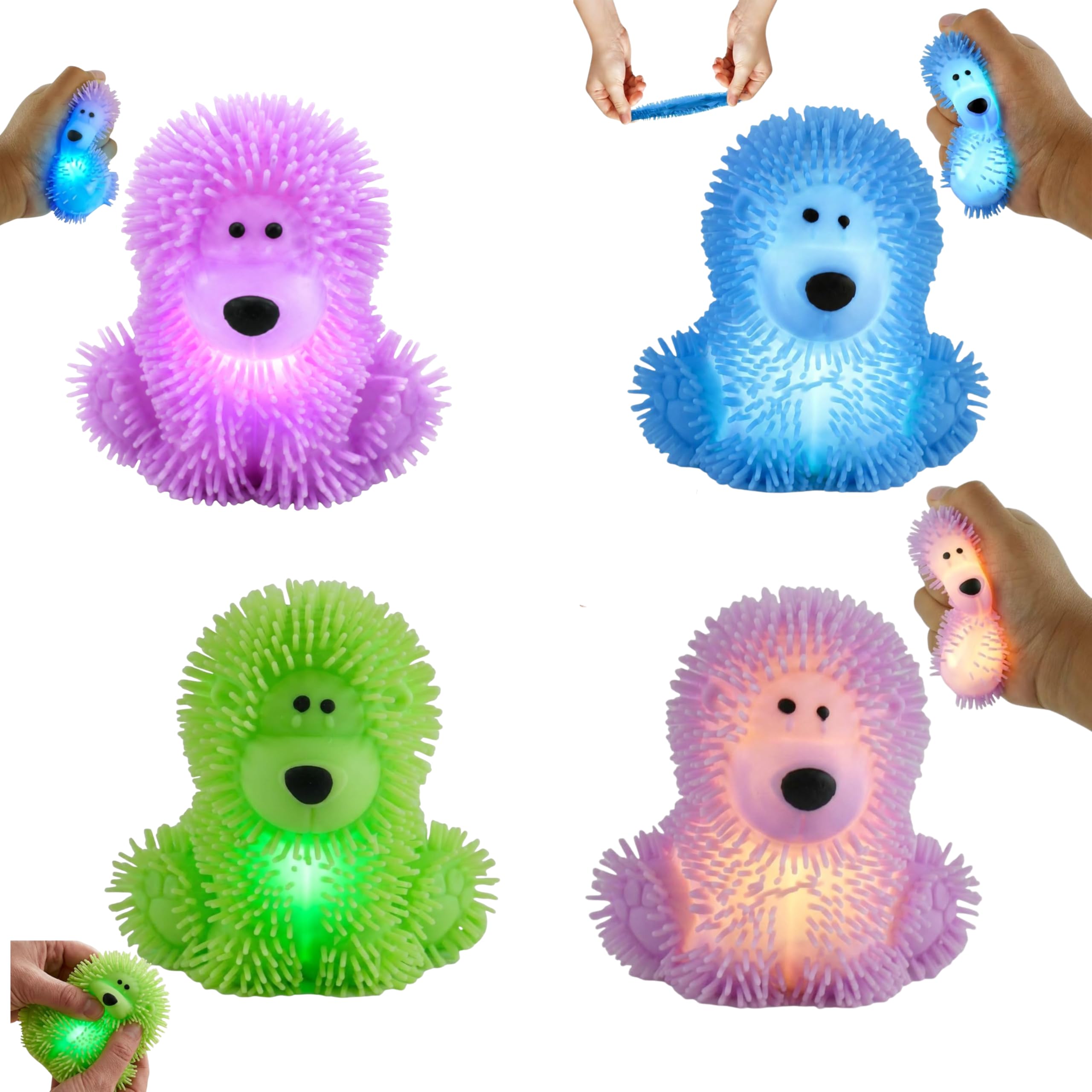 Light Up Poochie the Poodle Toy 4 Pack, 7.5cm Soft Spikey Stress Balls for Kids, Stretchy Sensory Puffer Toys, Party Bag Fillers & Birthday Favours