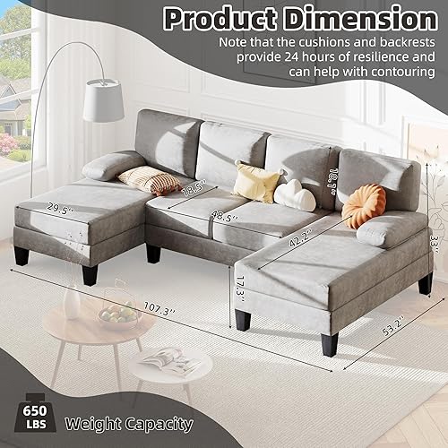 Miniatura 2 de Bezseller Sofá modular en forma de U de 107.3 pulgadas con cojín y tela de chenilla, cómodos juegos de muebles de 4 asientos con diván doble para