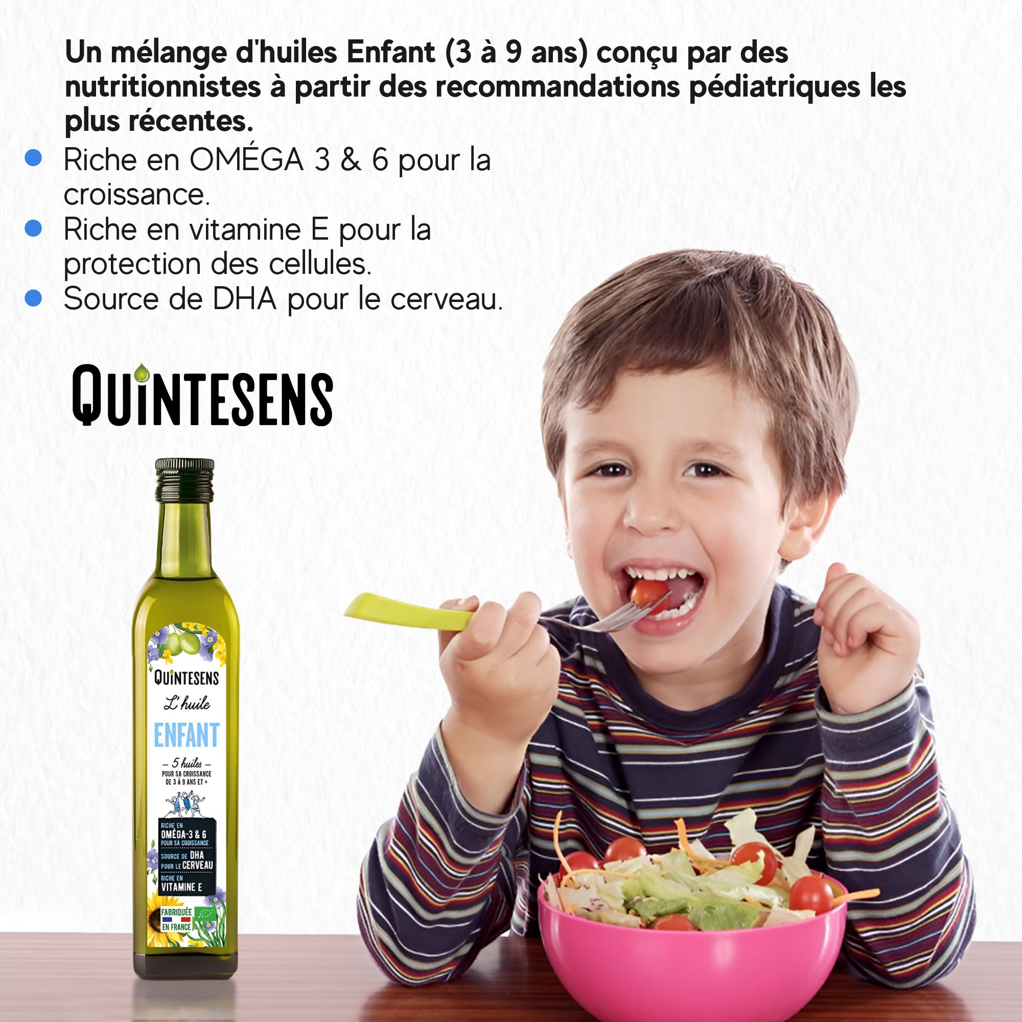 Lot 3 Huiles Enfant QUINTESENS 250ml - Apports en DHA, Oméga 3, 6 & 9 et Vitamine E pour un Développement Solide pour la Vie - Production 100% Française & Biologique