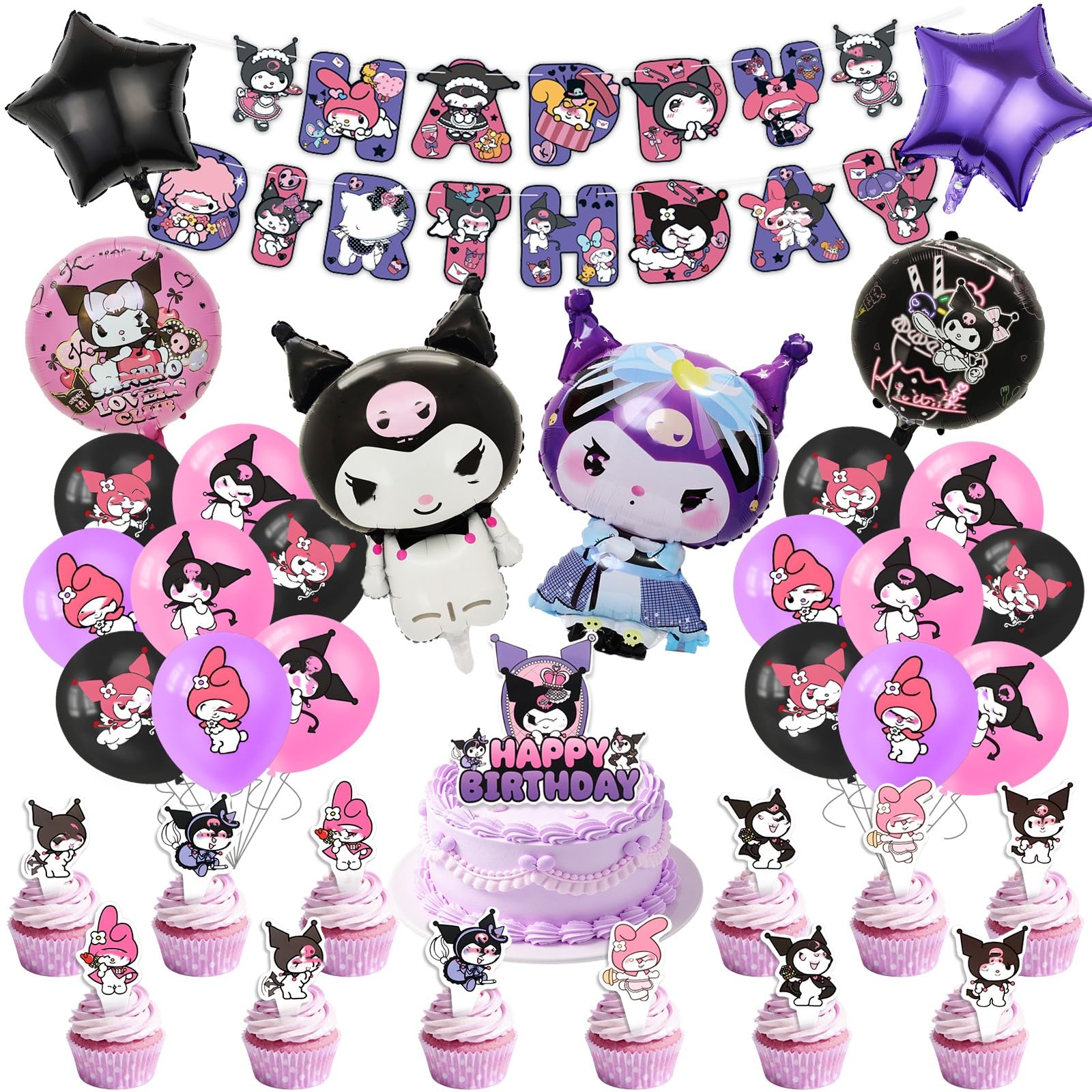 Birthday Balloon Party Decoration, 39PCS Kids Cartoon Foilballoons Kit with Latex Balloon Banner Cake Topper Deco, Theme Party Supplies for Girls Birthday Theme Decoration