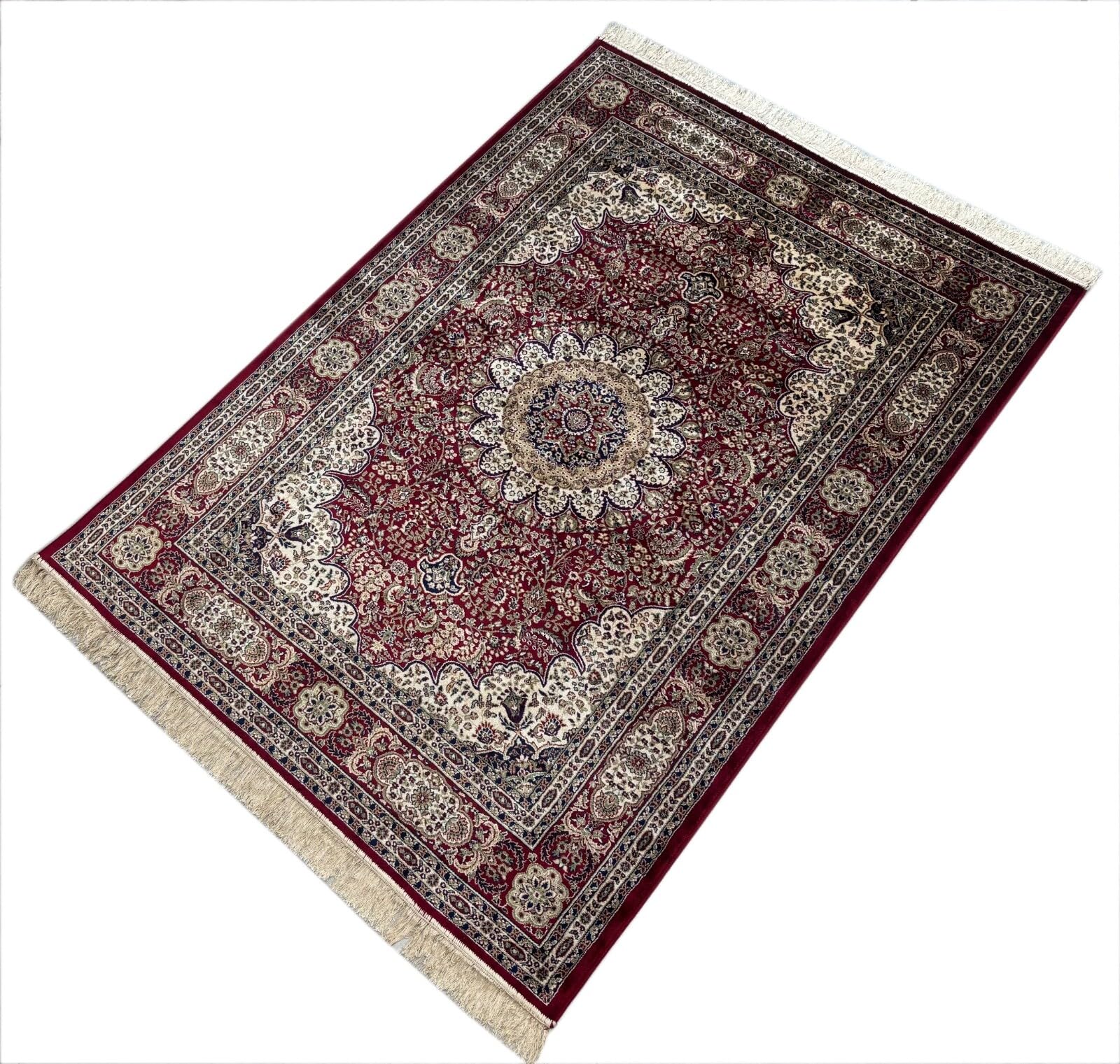 Kashmir Design M38R - Tappeto orientale, 150 x 210 cm, in viscosa lucida, colore: Rosso/Beige