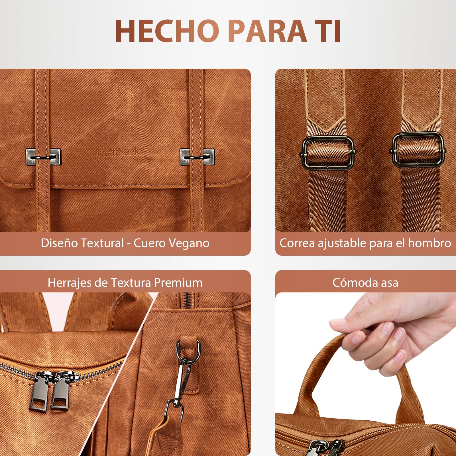 Leathario Mochila Mujer de Cuero PU con Multibolsillos, Mochila Casual y Funcional para Uso Diario, Viajes, Escuela y Universidad Marrón Mate