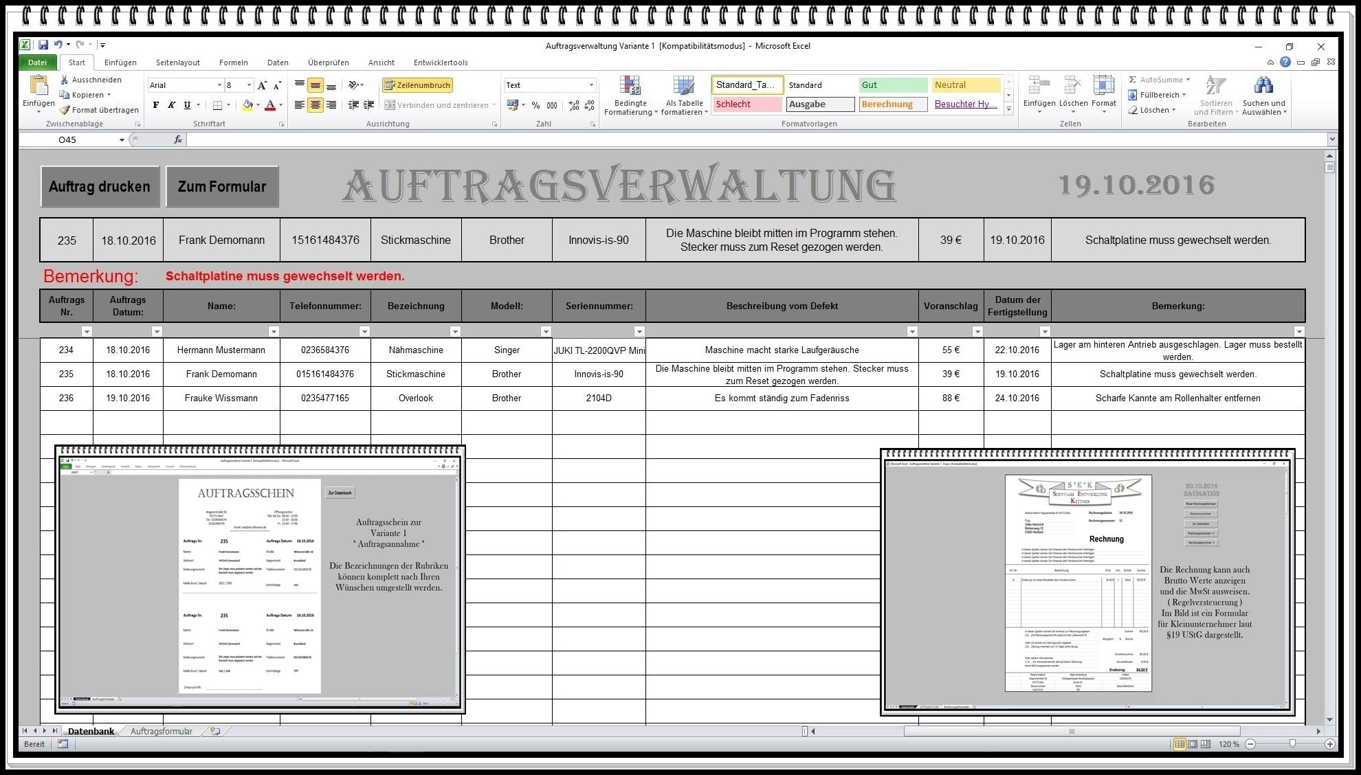 Auftragsverwaltung mit Abholschein für Excel inkl. Rechnungsvorlage | Kundenverwaltung, Auftragsannahme