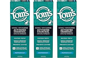 Tom's of Maine Natural Activated Charcoal Toothpaste with Fluoride, Peppermint, 4.0 Oz (Pack of 3)