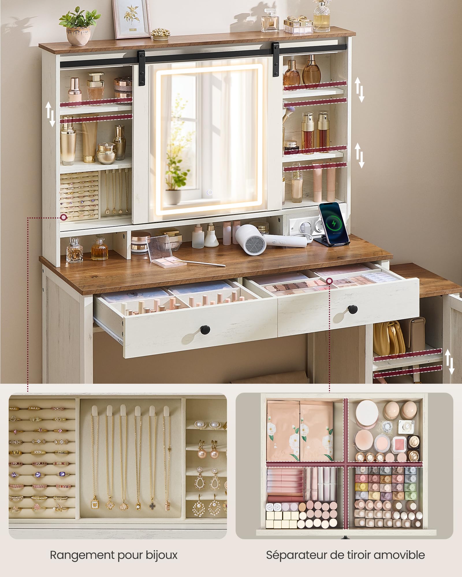 VASAGLE LIRY Collection – Coiffeuse avec Miroir et Éclairage, Style Ferme, avec Tabouret, Multiprise, 2 Tiroirs, Rangement pour Bijoux, Blanc Rustique et Marron Miel RDT136W01