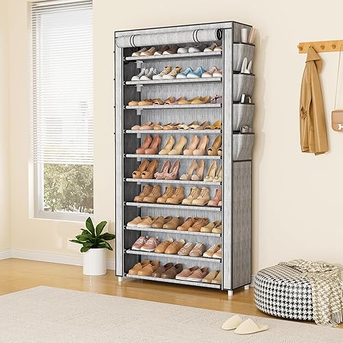 Miniatura 8 de VTRIN Zapatero alto con tapa, organizador de zapatos de 10 niveles para 50-55 pares de zapatos y botas, estante de zapatos de gran capacidad con 8