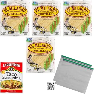 2 packs of El Milagro Corn Tortillas 10 cnt 12 oz, 1 oz La Preferida Taco Seasoning Mix, 2 stay fresh zipper bags for keeping your unused tortillas fresh in the refrigerator, plus QU code magnet for ez-reordering. (2)