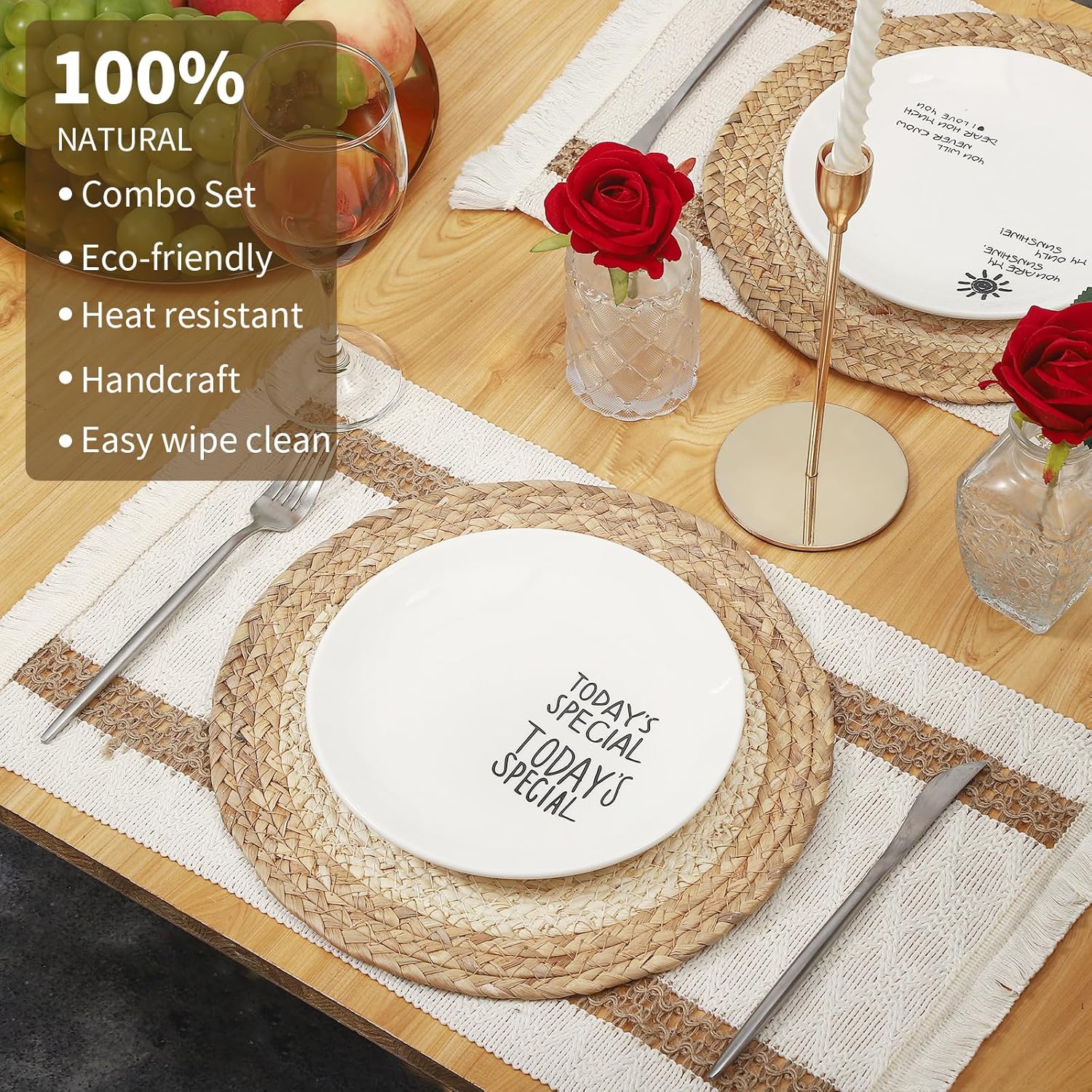 Handmade Boho Placemats Set of 6 | Natural Woven & Fabric Cotton Combo Table Mats | 12-Piece Versatile Place Mats | Rustic Farmhouse Style Dining Table Decor