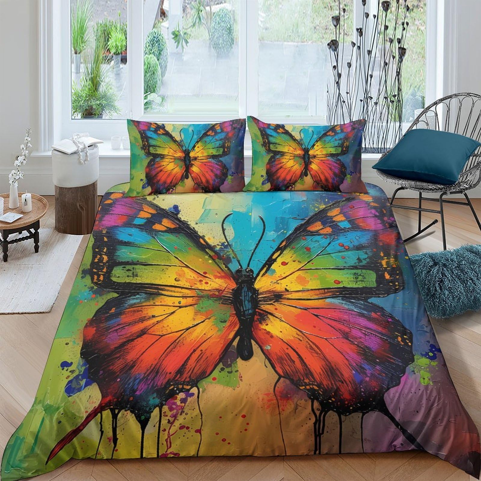 GPLZQXKJNH 3D Printed Colorful Butterfly Duvet Cover Microfiber Soft Breathable Watercolor Quilt Cover Set with 2 Pillowcases for Bedroom Decor Single（135x200cm）