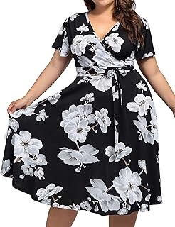 Plus Size Womens V Neck Floral Cocktail Party Midi Dresses with Pocket