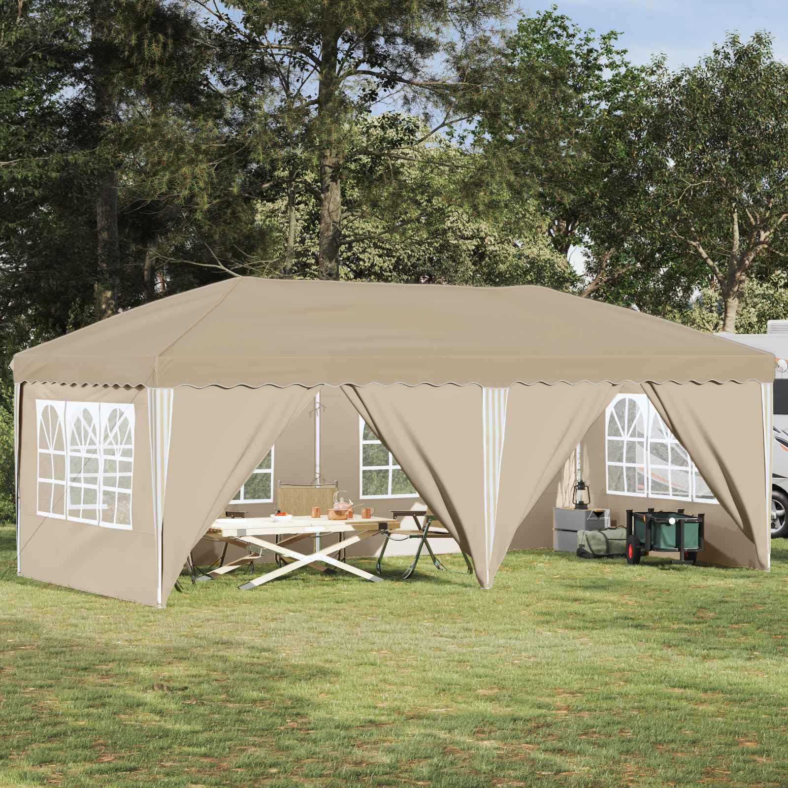 Namiot imprezowy Pop-up 575 x 288 x 245 cm, kremowy z malowaną proszkowo stalową ramą, 6 części bocznych, odporny na warunki atmosferyczne i promieniowanie UV, składany, idealny jako