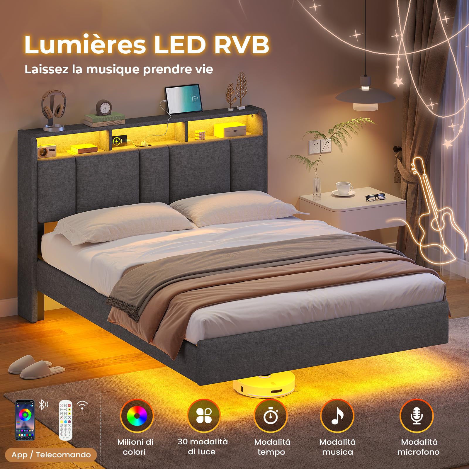 AOGLLATI Lit Double 140x190 avec Multiprise & Éclairage LED, Tête de Lit Rembourrée avec Rangement, Cadre de Lit avec Sommier, Moderne Effet Flottant, Tissu en Lin, Gris Foncé